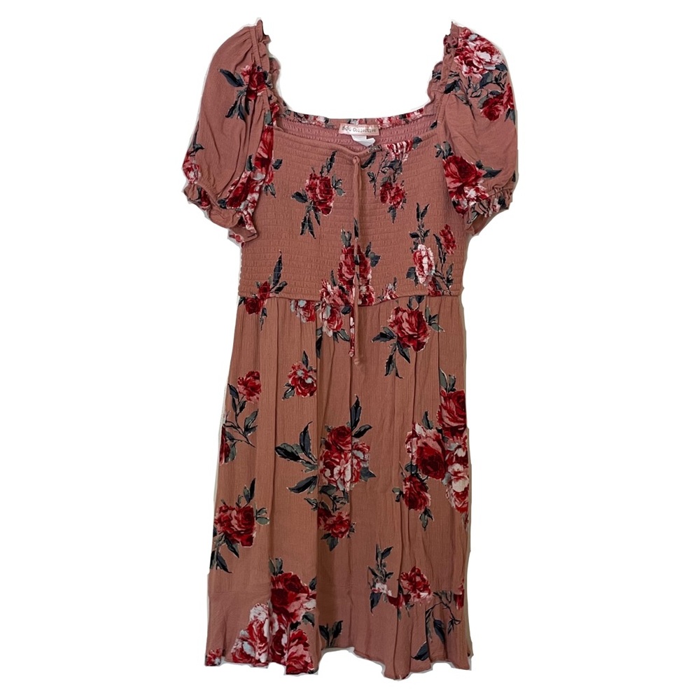 BOG Collective Floral Shirred Square Neck Puff Sleeve Mini Dress, Size Medium